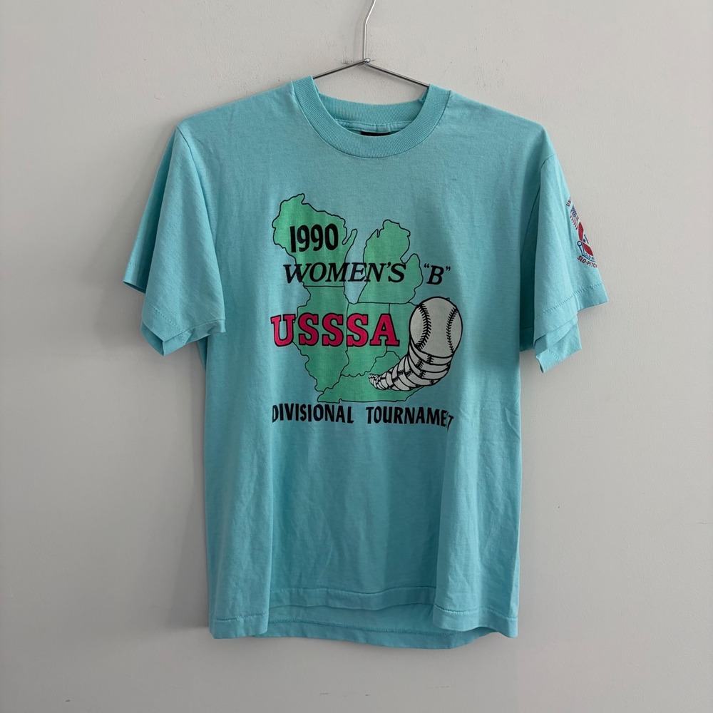 Vintage 1990 USSSA Womens B Divisional Tournament T Shirt Screen Stars Blue L